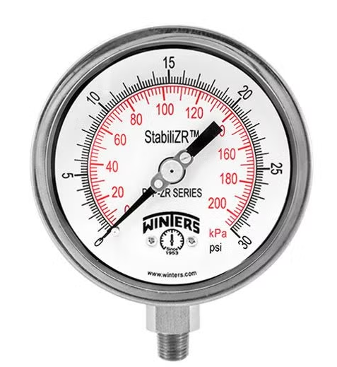Manómetro PFP/SS STABILIZR 4" 0/100 PSI/BAR 1/2" NPT INF