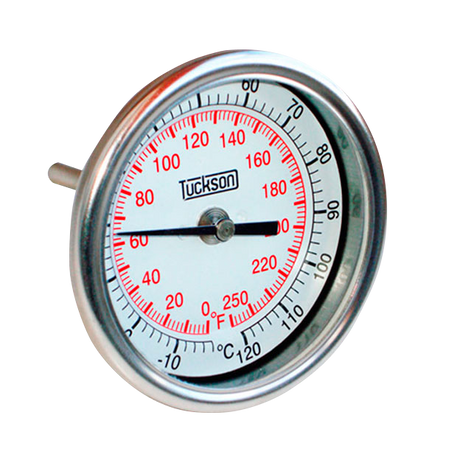 Termómetro bimetálico Tuckson (0-300 ºC) Dial 3", Conexión posterior NPT de 1/2" - vástago de 4" (100 mm)